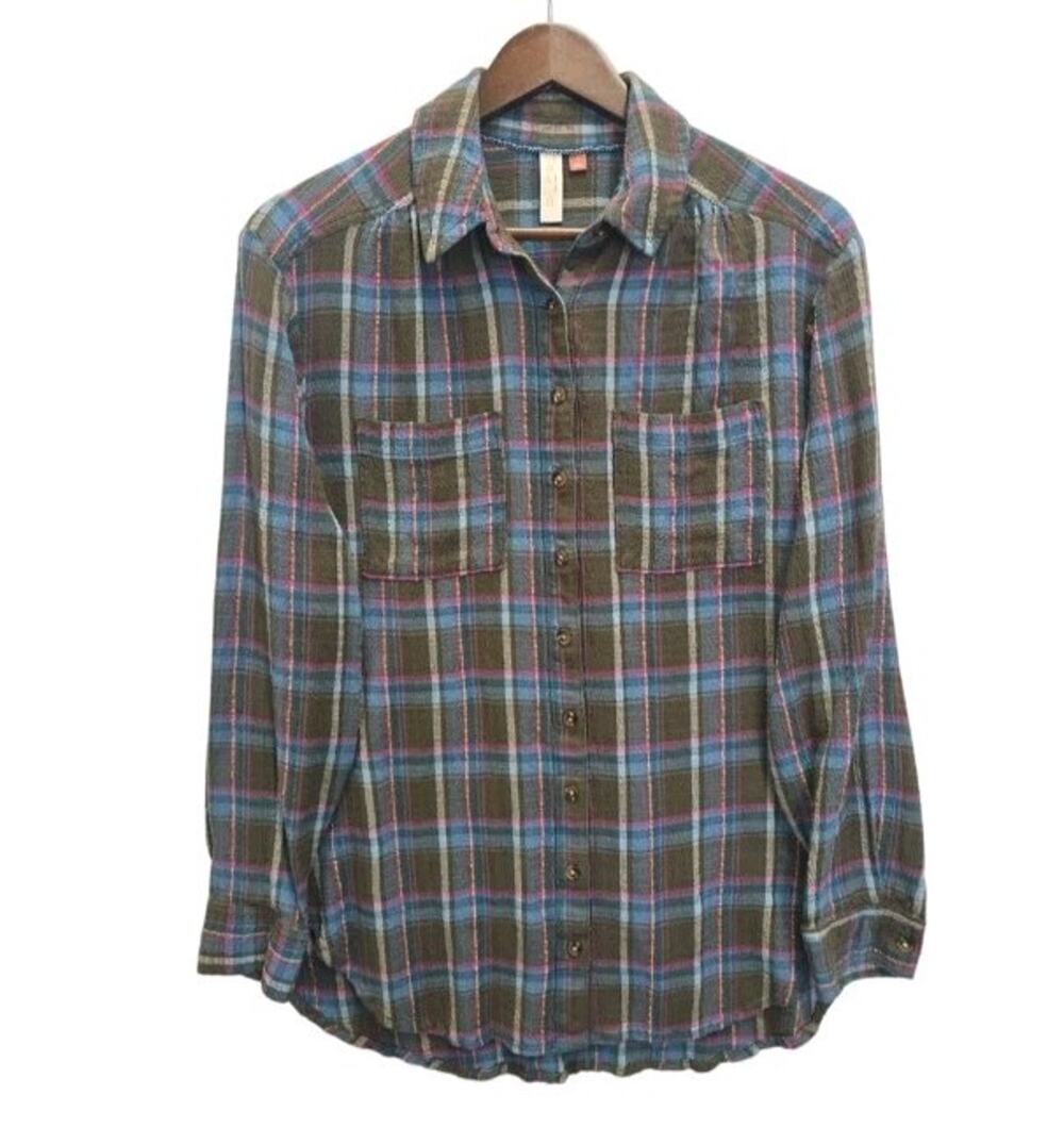Anthropologie Pilcro Fall Plaid Button Down Shirt Womens S Textured Olive Green